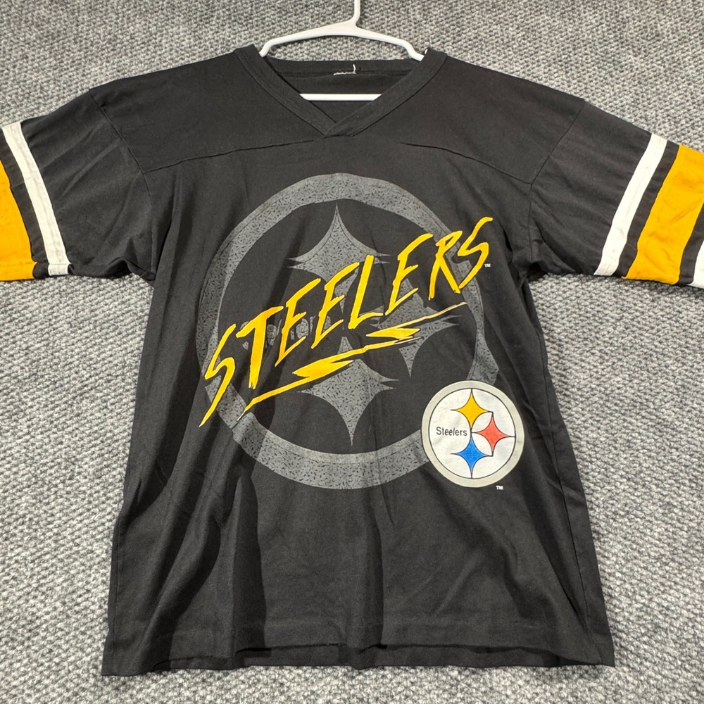 Pittsburgh Steelers V-Neck Jersey T-Shirt Black Yellow Striped Sleeve Mens M / L